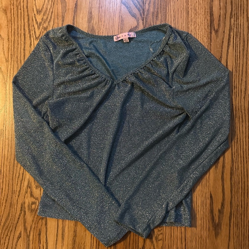 Chase Fame Glitter Green Low Cut Neckline Top Stretchy Size Large